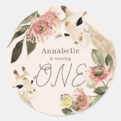 Giraffe Pink Floral Girl 1e verjaardag Ronde Sticker (Voorkant)