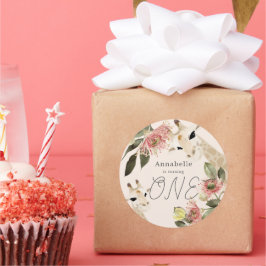 Giraffe Pink Floral Girl 1e verjaardag Ronde Sticker