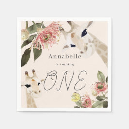 Giraffe Pink Floral Girl 1st Birthday Servet