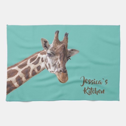 Giraffe Portret op Blauwgroen persoonlijke naam Theedoek (Horizontaal)