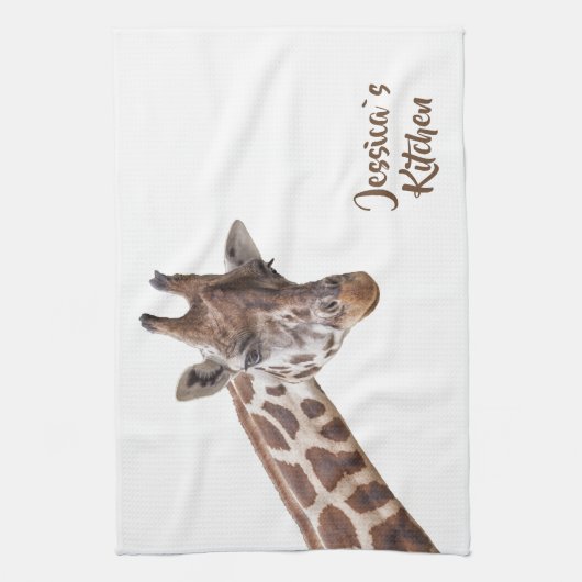 Giraffe Portret op witte gepersonaliseerde naam Theedoek (Verticaal)