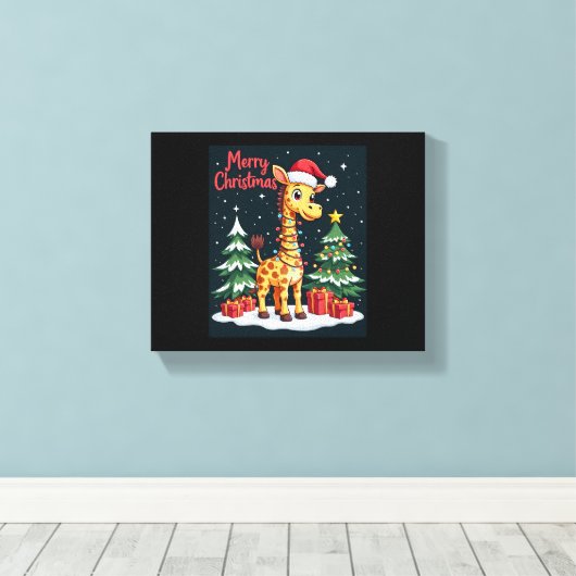 Giraffe Prettig Kerst Kerstboom Lichtfeest Santa G Canvas Afdruk (Insitu (Houten vloer))