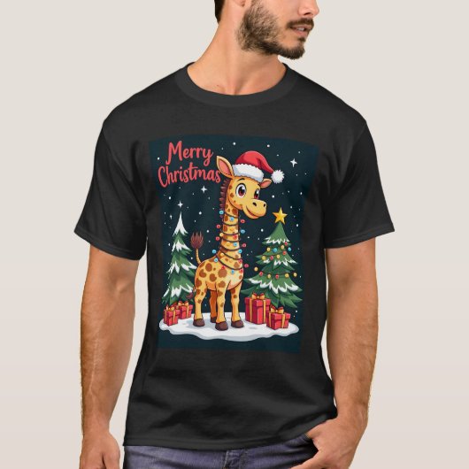 Giraffe Prettig Kerstmis Boomverlichting Kerstman  T-shirt (Voorkant)