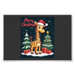 Giraffe Prettige Kerst Boom Verlichting Kerstman G Foto Afdruk