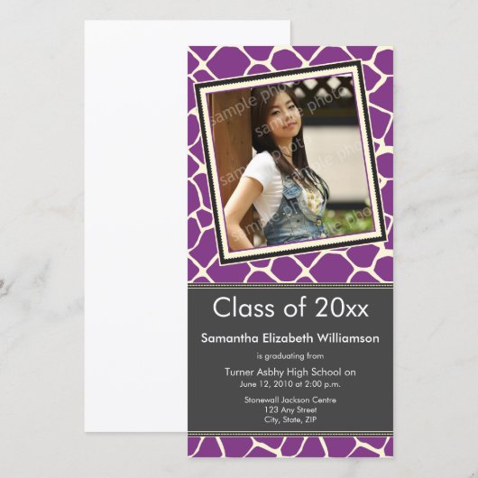 Giraffe Print Afstuderen Foto aankondiging paars (Voorkant / Achterkant)