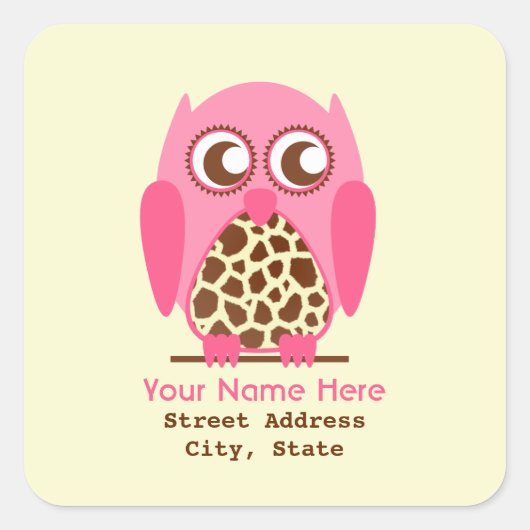 Giraffe Print & Pink Owl Address Sticker (Voorkant)