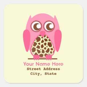 Giraffe Print & Pink Owl Address Sticker