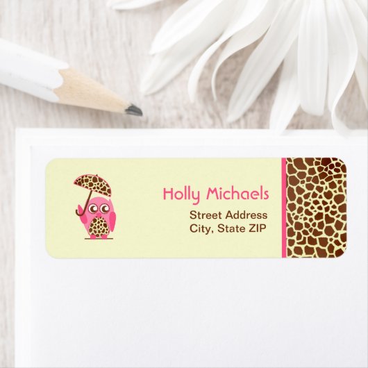 Giraffe Print & Roze Uil Baby shower Labels (Insitu)