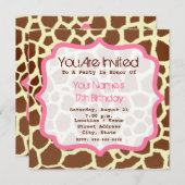 Giraffe print & roze uitnodiging op feestdag (Voorkant / Achterkant)
