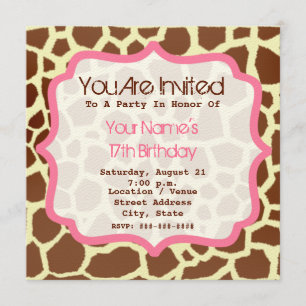 Giraffe print & roze uitnodiging op feestdag