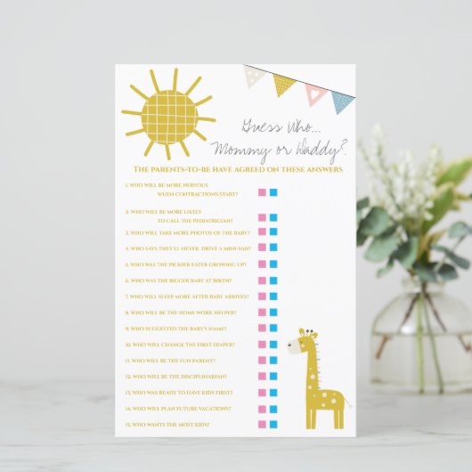 Giraffe raad eens wie, mama of papa Baby shower Ga (Staand voorkant)