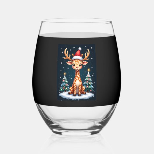 Giraffe Reindeer Hat Santa Christmas Tree Funny Xm Wijnglas Zonder Voet (Voorkant)