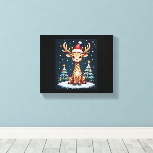 Giraffe Rendier Hoed Kerstman Kerstboom Grappig Xm Canvas Afdruk (Insitu (Houten vloer))