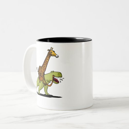 Giraffe Riding T-Rex Dinosaur Funny Animals Tweekleurige Koffiemok (Voorkant links)