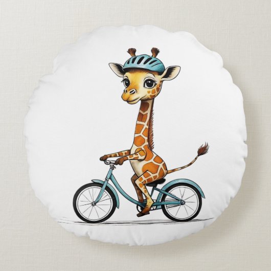 Giraffe Rijden op een Fiets – Hand-Drawn Pencil Ar Rond Kussen (Voorkant)