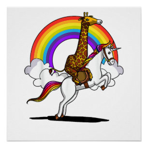 Giraffe Rijdt Eenhoorn Magische Regenboog Grappige Perfect Poster