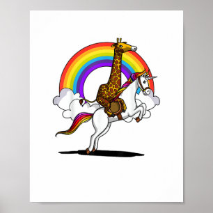Giraffe Rijdt Eenhoorn Magische Regenboog Grappige Poster