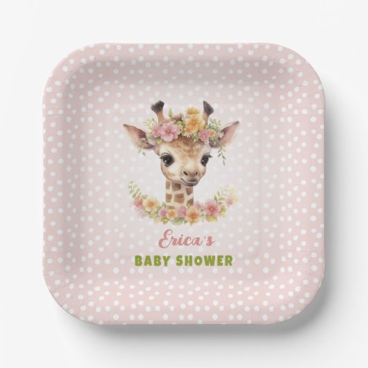 Giraffe Roze Baby Meisje Douche Sprinkle Wild Oerw Papieren Bordje (Voorkant)
