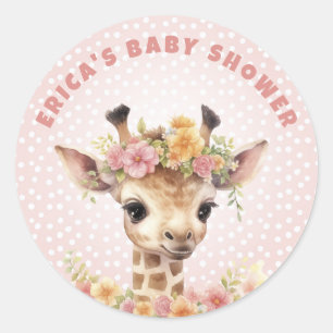 Giraffe Roze Baby Meisje Douche Sprinkle Wild Oerw Ronde Sticker