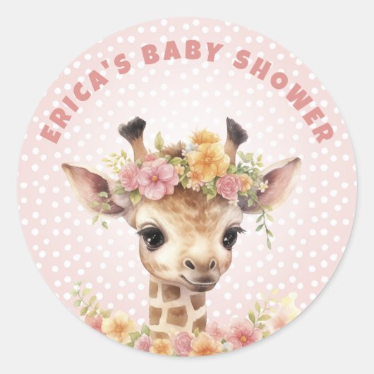 Giraffe Roze Baby Meisje Douche Sprinkle Wild Oerw Ronde Sticker (Voorkant)
