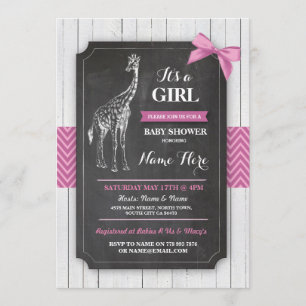 Giraffe Roze Baby shower Party Girls Wood Invite Kaart