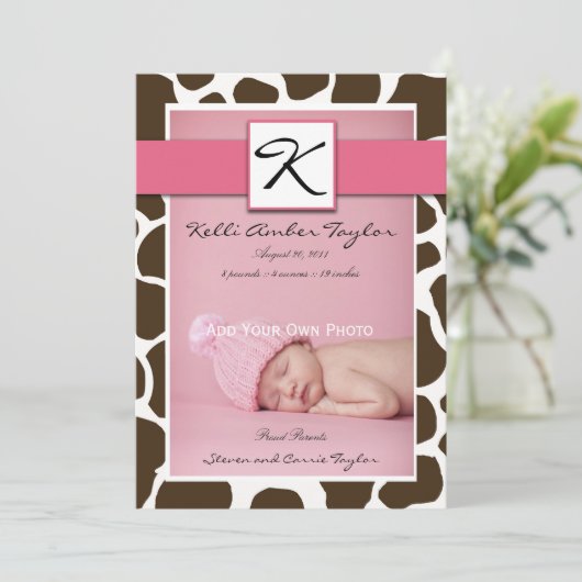 Giraffe roze babymeisje aankondiging (Staand voorkant)