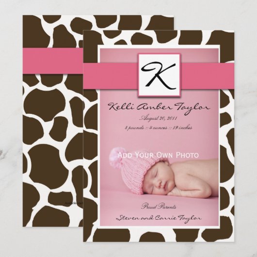 Giraffe roze babymeisje aankondiging (Voorkant / Achterkant)