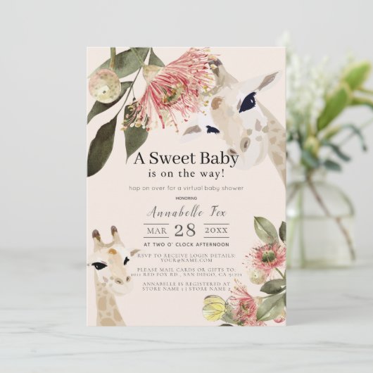Giraffe Roze Bloemen Meisje Virtual Baby shower Kaart (Staand voorkant)