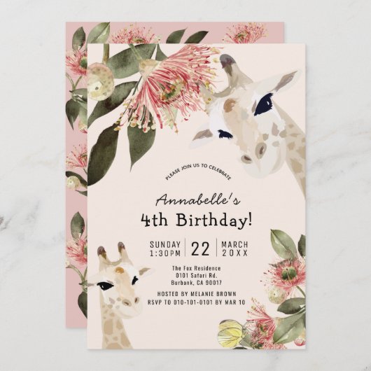 Giraffe roze bloemenmeisje Verjaardag Kaart (Voorkant / Achterkant)