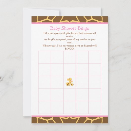 Giraffe Roze Meisje Baby shower Bingo Kaart (Voorkant)