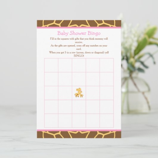 Giraffe Roze Meisje Baby shower Bingo Kaart (Staand voorkant)