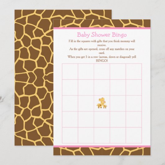Giraffe Roze Meisje Baby shower Bingo Kaart (Voorkant / Achterkant)