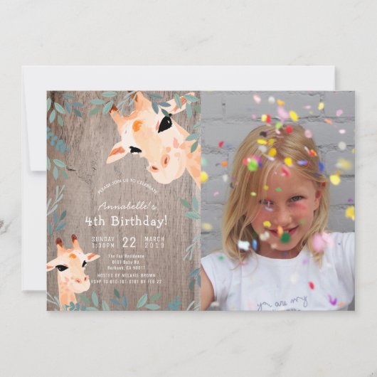 Giraffe Rustic Wood Greenery Foto Kinderen Verjaar Kaart (Voorkant)