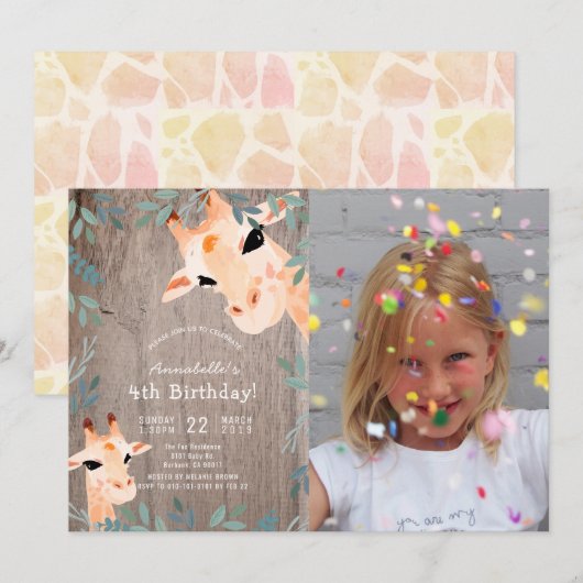 Giraffe Rustic Wood Greenery Foto Kinderen Verjaar Kaart (Voorkant / Achterkant)