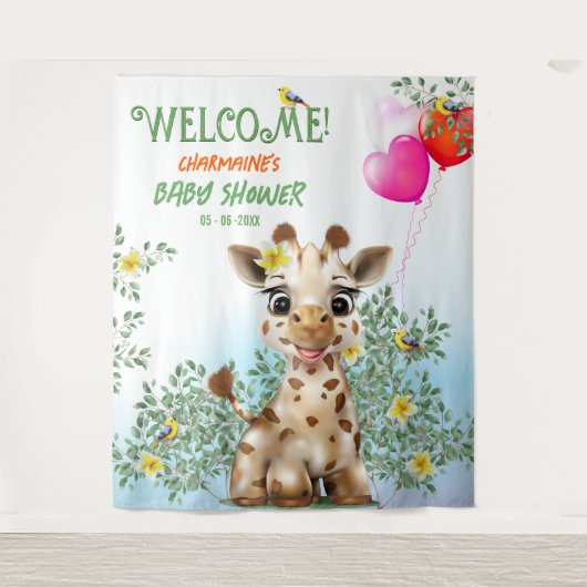 Giraffe Safari Baby shower Achtergrond Wandkleed (Voorkant)