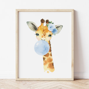 Giraffe, Safari, Blue Bubble Gum, Boy Nursery Foto Afdruk