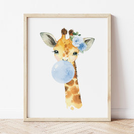 Giraffe, Safari, Blue Bubble Gum, Boy Nursery Poster