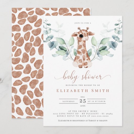 Giraffe Safari Eucalyptus Watercolor Baby Shower Kaart (Voorkant / Achterkant)