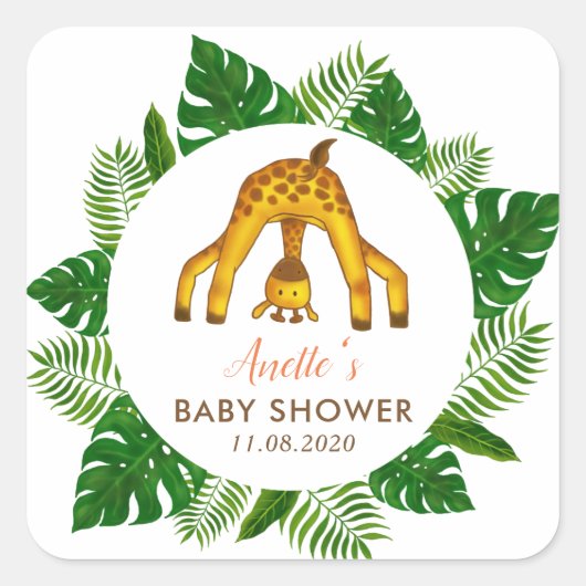 Giraffe Safari Oerwoud Baby shower Vierkante Sticker (Voorkant)