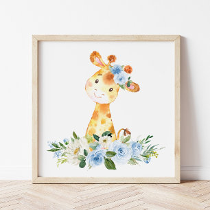Giraffe, Safari, Oerwoud, Blue Flowers, Boy Nurser Foto Afdruk