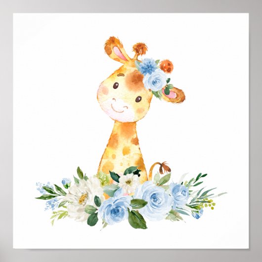 Giraffe, Safari, Oerwoud, Blue Flowers, Boy Nurser Poster (Voorkant)