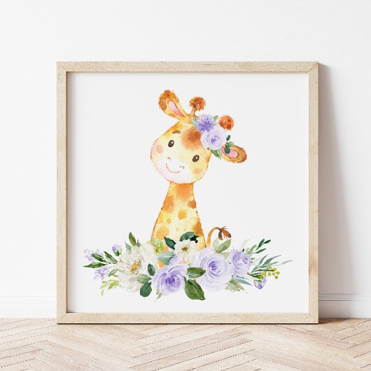 Giraffe, Safari, paarse bloemen, genderneutraal Poster