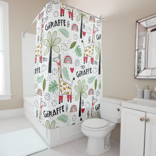 Giraffe Safari - palmboom, regenboog, doodle Douchegordijn (In situ)