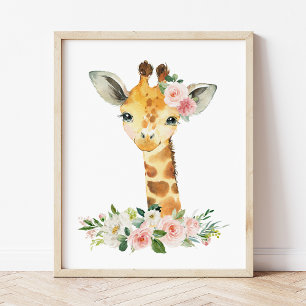 Giraffe, Safari, roze bloemen, meisjessery Foto Afdruk