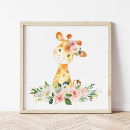 Giraffe, Safari, roze bloemen, meisjessery Poster