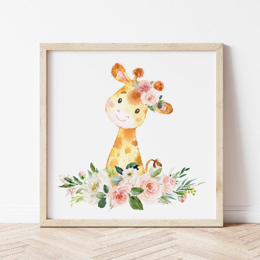 Giraffe, Safari, roze bloemen, meisjessery Poster