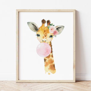 Giraffe, Safari, roze bubble gum, Girl Nursery Poster