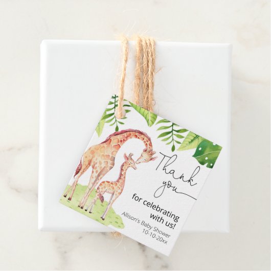 Giraffe safari tropisch groen blad baby shower bedankjes labels (In situ)