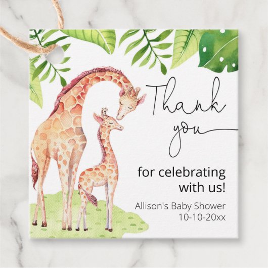 Giraffe safari tropisch groen blad baby shower bedankjes labels (Voorkant)