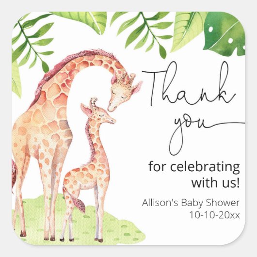 Giraffe safari tropisch groen blad baby shower vierkante sticker (Voorkant)